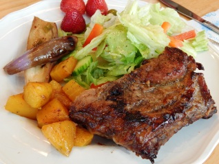 Asian Pork Ribs with Golden Beets, Chinese Eggplant and Salad