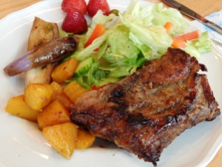 Asian Pork Ribs with Golden Beets, Chinese Eggplant and Salad