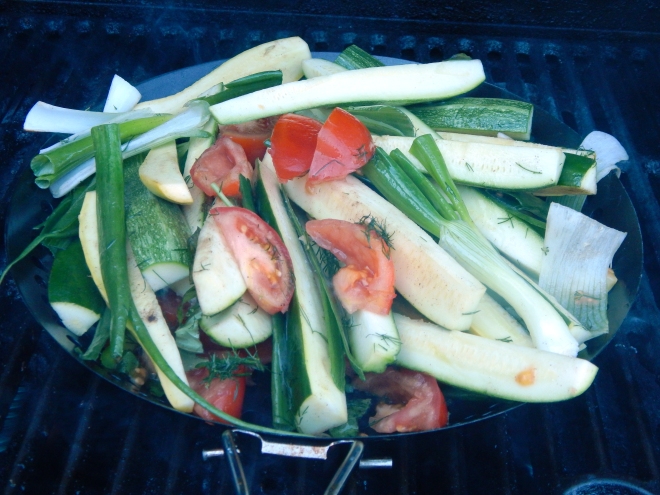 Grilled Zucchini, Tomatoes, and Green Onions with Fresh Basil and Dill