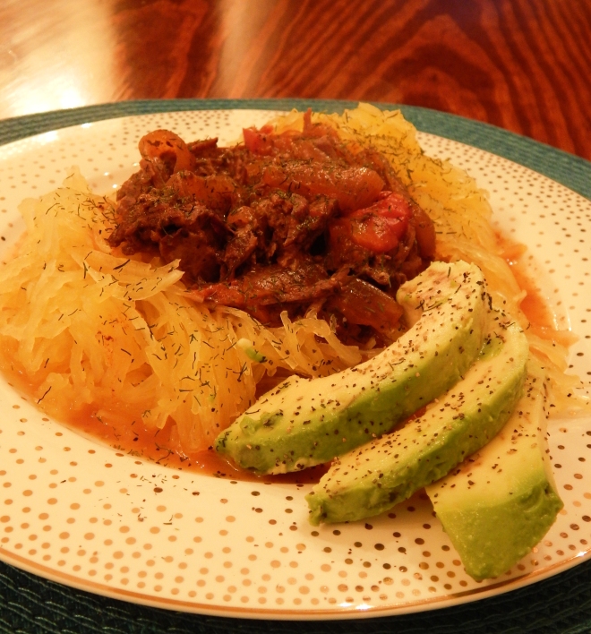 Beef Paprikash on Spagehtti Squash Noodles with Avocado